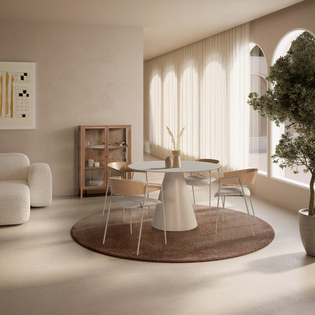 Mesa de comedor redonda Vida 120 cm Crema pie crema, en ambiente de comedor