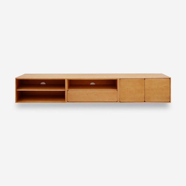 Vista frontal mueble de TV 240 cm Penxat Roble Natural Personalizado 2 Puertas 2 Baldas 1 cajón colgado pared Slowdeco