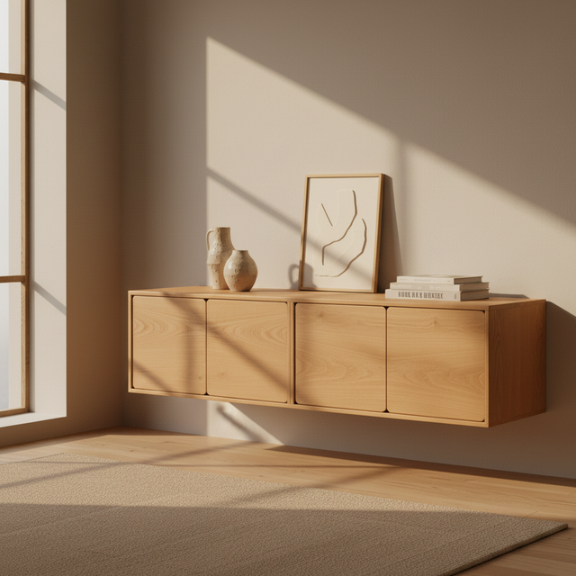 Mueble TV Flotante Penxat 160 Natural - 4 Puertas con roble natural en ambiente de estilo nórdico