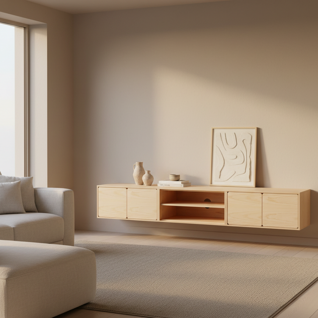 Mueble TV Penxat 240 Natural - 4 puertas 1 balda con madera natural en ambiente de estilo nórdico