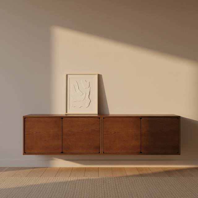 Mueble TV Flotante Penxat 160 Natural - 4 Puertas con nogal en ambiente de estilo nórdico