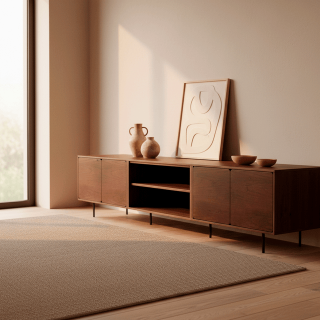 Mueble TV Penxat 240 Natural - 4 puertas 1 balda con nogal en ambiente de estilo nórdico
