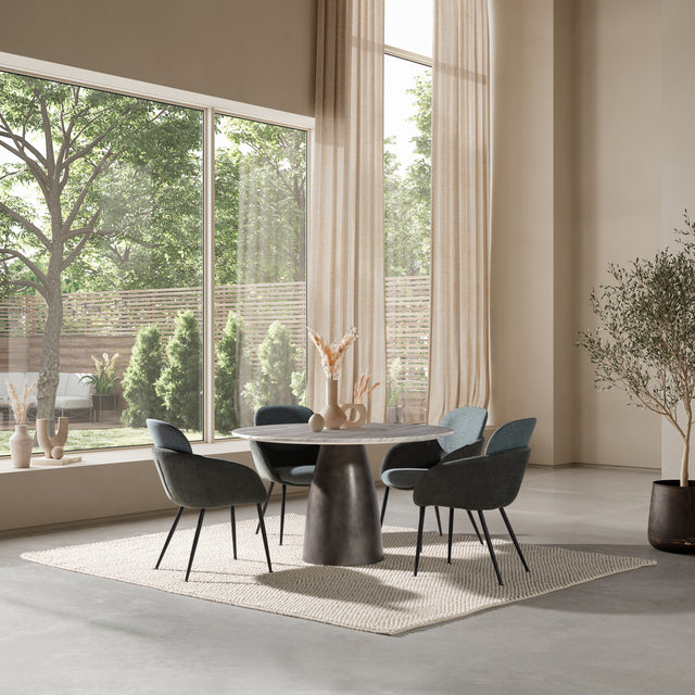 Mesa de comedor redonda Amal 130 cm Mármol blanco, en ambiente de comedor