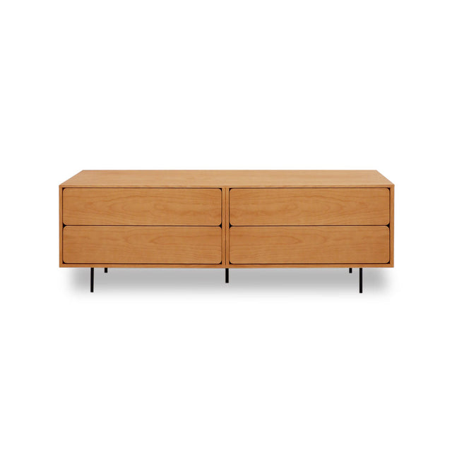 Mueble TV Flotante Penxat 160 4 cajones con roble natural, estructura metálica vista frontal de estilo nórdico