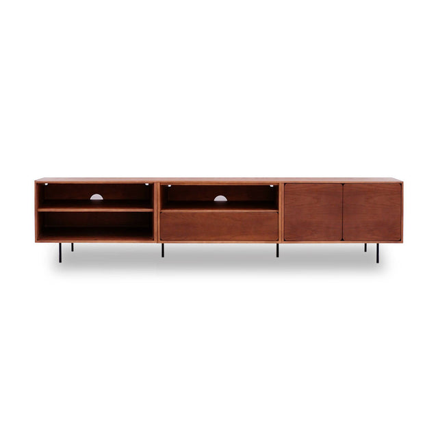 Vista frontal mueble de TV 240 cm Penxat Nogal Personalizado 2 Puertas 2 Baldas 1 cajón sobre patas metálicas Slowdeco