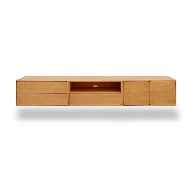 Vista frontal mueble de TV 240 cm Penxat Roble Natural Personalizado 2 Puertas 3 cajones apoyado suelo niveladores Slowdeco