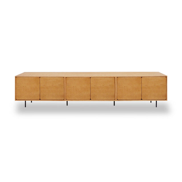 Mueble TV Penxat 240 Natural - 6 puertas con roble natural, estructura metálica vista frontal de estilo nórdico