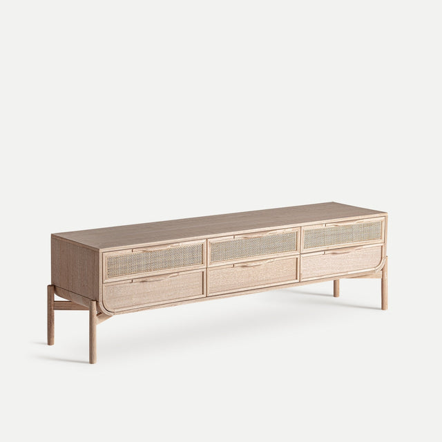 Vista lateral Mueble TV Weurtz 170 cm Fresno & Ratán beige cajones Kodu Homedesign Slowdeco