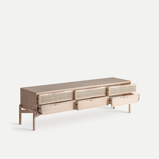 Vista lateral cajones abiertos Mueble TV Weurtz 170 cm Fresno & Ratán beige cajones Kodu Homedesign Slowdeco