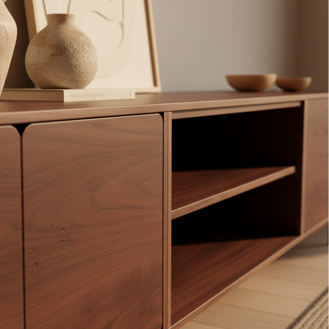 Mueble TV Penxat 240 Natural - 4 puertas 1 balda con nogal en ambiente de estilo nórdico