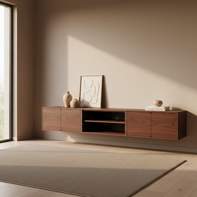 Mueble TV Penxat 240 Natural - 4 puertas 1 balda con nogal en ambiente de estilo nórdico