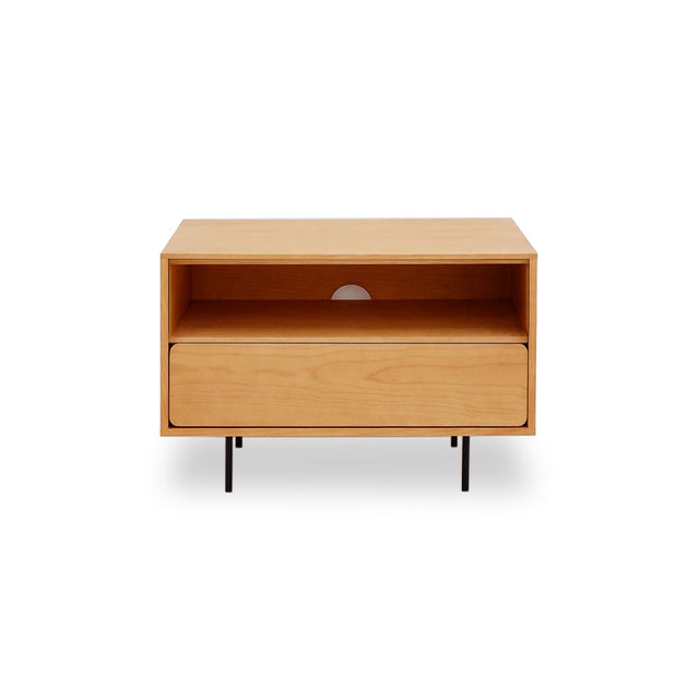 Vista frontal Mueble Auxiliar de 80 cm Roble Natural Con un Cajón Extraíble Apoyado sobre patas de metal Slowdeco